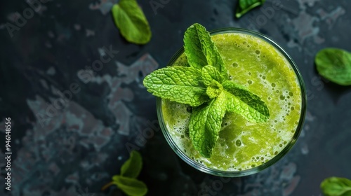 Top view of a fresh green smoothie in a glass with a garnish of mint leaves on a dark background