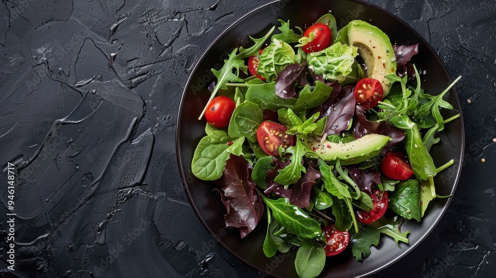 Top view of a fresh salad with mixed greens, cherry tomatoes, and avocado slices on a matte black surface