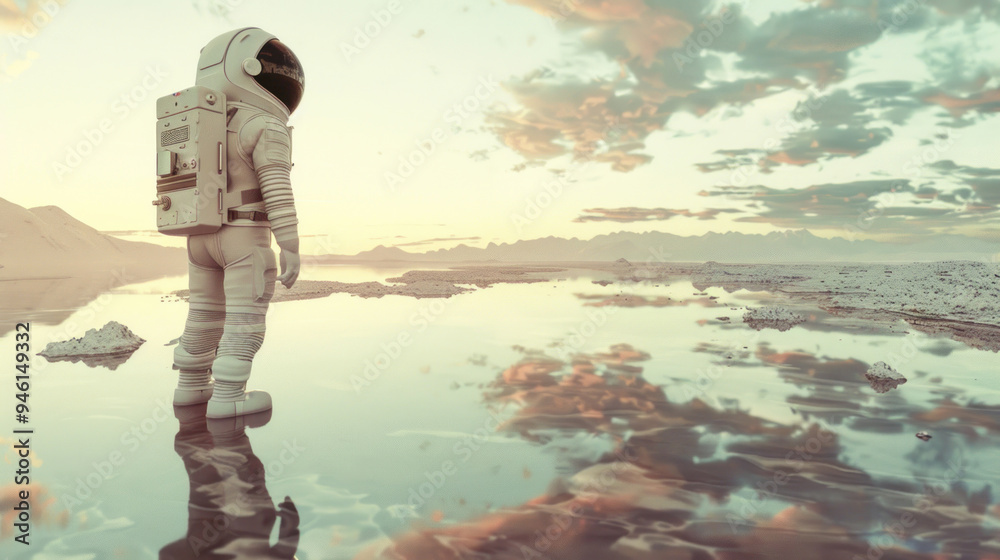 An astronaut exploring Mars' polar ice caps, with their reflection on the ice, surrounded by a stark, frozen landscape under a pale Martian sky. An astronaut exploring Mars' polar ice caps, with their reflection on the ice, surrounded by a stark, frozen landscape under a pale Martian sky.
