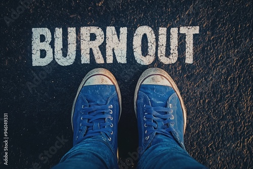 A person wearing blue jeans and blue sneakers stands on a road with the words Burn Out painted on the road in front of them.