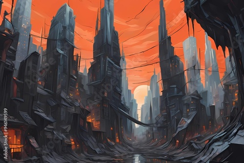 A nightmare-inspired cityscape with melting buildings and distorted perspectives