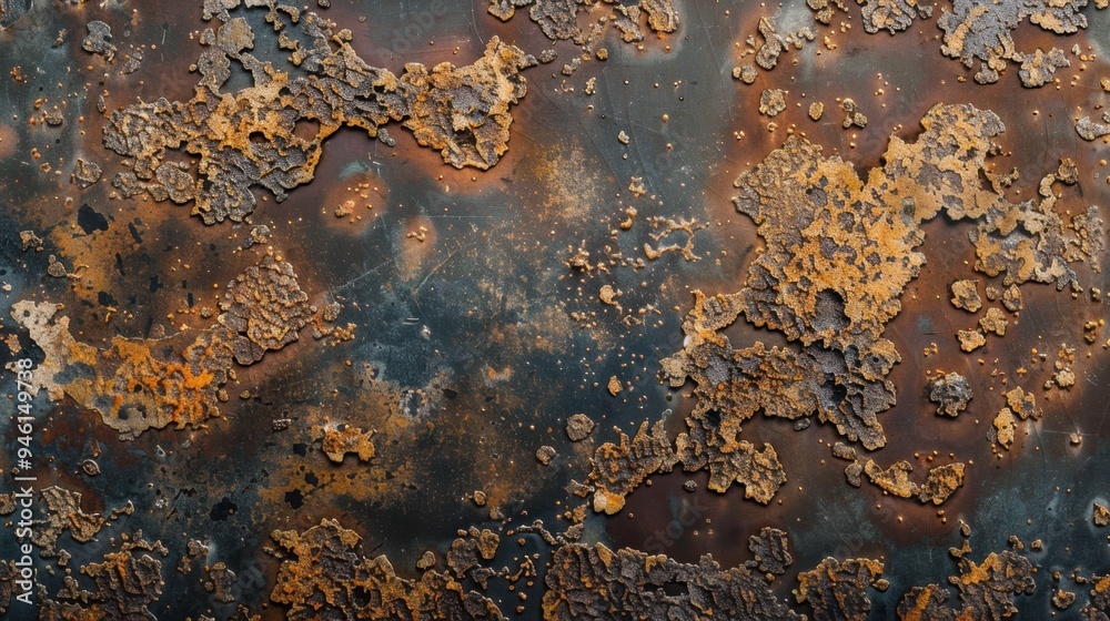 Top view of a heavily oxidized iron sheet with rough, corroded textures and peeling paint Top view of a heavily oxidized iron sheet with rough, corroded textures and peeling paint