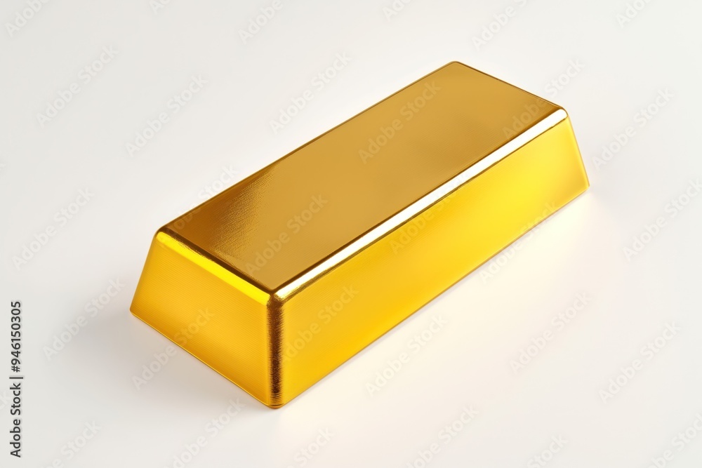 Polished gold bar stands alone on white background radiating wealth and luxury. Gold metal shines brightly highlighting its value as a precious commodity.