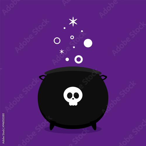 Witch cauldron, Halloween magic pot with green potion. Vector steel boiler with boiling magic brew or steaming goo. Cartoon kettle with poison.