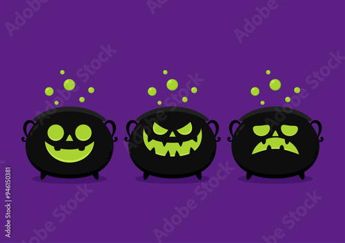 Pumpkin face on kettle. Witch cauldron, Halloween magic pot with green potion. Vector steel boiler with boiling magic brew or steaming goo. Cartoon kettle with poison.