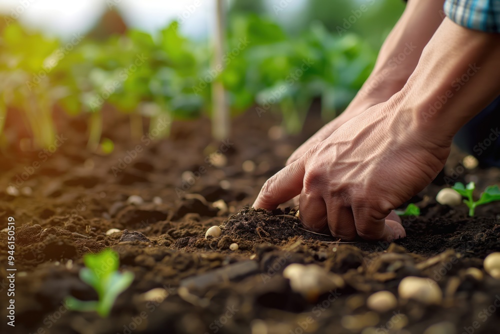 Close-up of farmer hand checking soil health before planting seedling. Man holds dirtied earth in gloved hand. Summer season, gardening, agriculture concept. Close-up of farmer hand checking soil health before planting seedling. Man holds dirtied earth in gloved hand. Summer season, gardening, agriculture concept.