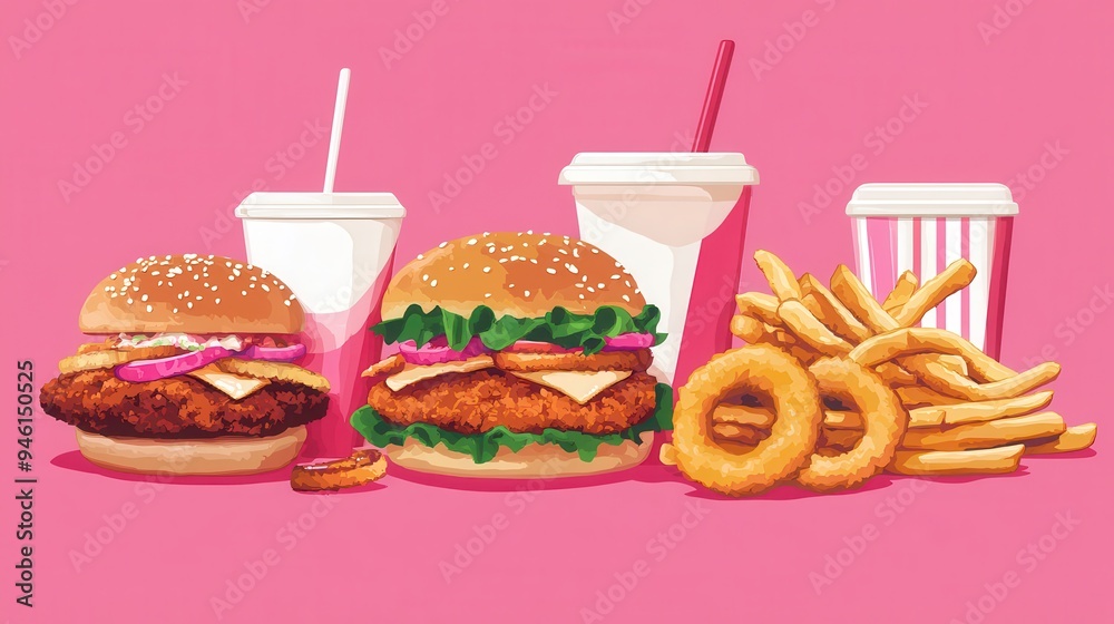 A vibrant display of fast food featuring two juicy burgers, crispy fries, onion rings, and refreshing soft drinks against a pink backdrop A vibrant display of fast food featuring two juicy burgers, crispy fries, onion rings, and refreshing soft drinks against a pink backdrop