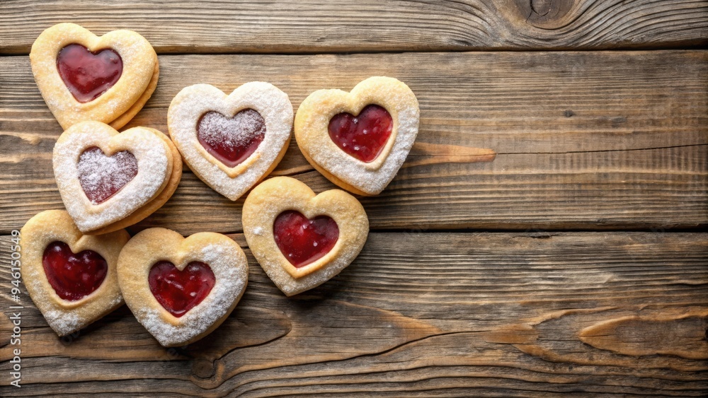 Heart shaped vanilla cookies filled with jam on a rustic wooden table Heart shaped vanilla cookies filled with jam on a rustic wooden table
