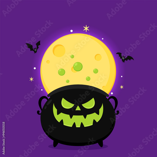 Pumpkin face on kettle. Witch cauldron, Halloween magic pot with green potion. Vector steel boiler with boiling magic brew or steaming goo. Cartoon kettle with poison.