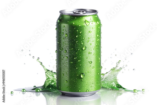 green can of soda with water splashing on it
 photo