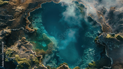 Aerial view of a geothermal crater lake, with boiling water and steam clouds, the surrounding terrain marked by sulfur deposits and other minerals photo