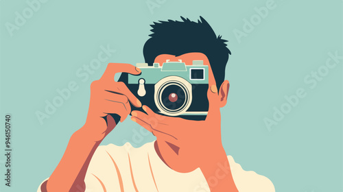 Vintage Camera Photography: Man Capturing Image in Flat Vector Style