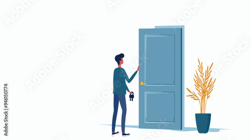 Man Trying to Open a Door with Key Flat Vector Isolate
