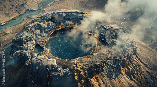 Aerial view of a geothermal crater lake, with boiling water and steam clouds, the surrounding terrain marked by sulfur deposits and other minerals photo