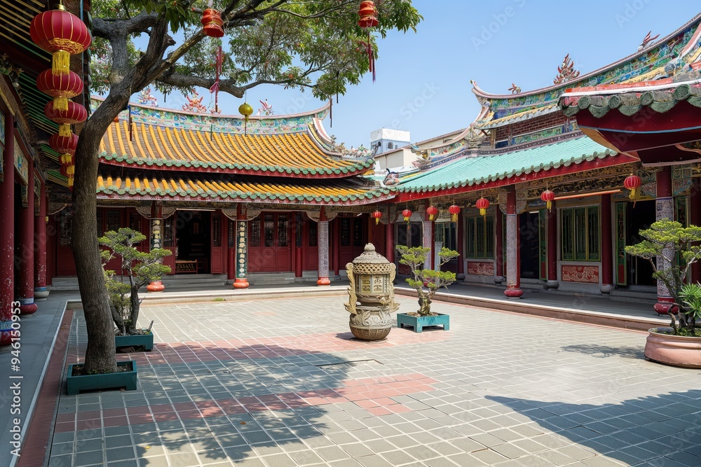 Obraz premium Traditional Taiwanese shrine Koxinga Shrine in Tainan Taiwan courtyard on sunny day. Historical building landmark architecture antique old praying tree temple religion culture.