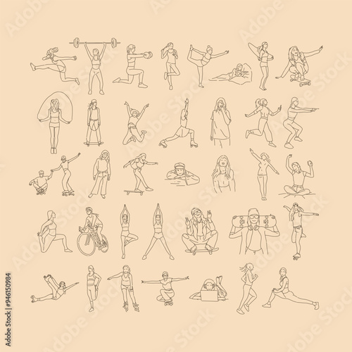 Daily Woman Routine. Line art drawing. Sketch outline vector