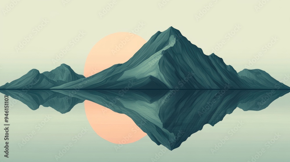 Minimalist digital art of a mountain reflected in still water, with simple lines and muted colors creating a serene scene. Minimalist digital art of a mountain reflected in still water, with simple lines and muted colors creating a serene scene.