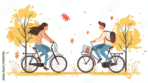 Cartoon Illustration of Man and Woman Riding Bicycle Together