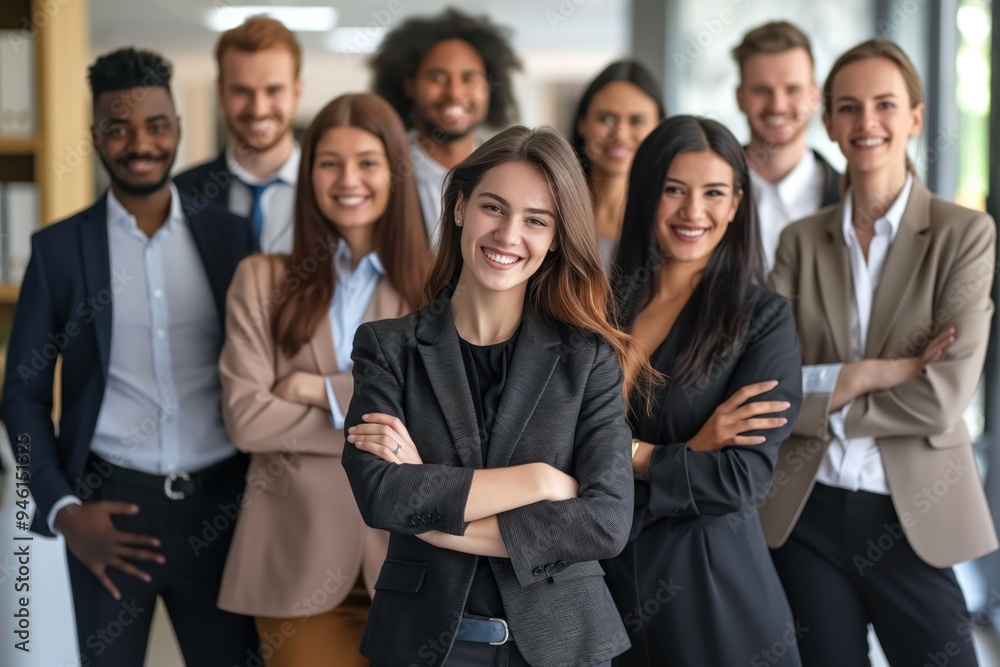 Group of diverse professionals smiling confidently at camera. Young woman with crossed arms stands with colleagues in office. Business leaders pose together, showing teamwork and collaboration. Group of diverse professionals smiling confidently at camera. Young woman with crossed arms stands with colleagues in office. Business leaders pose together, showing teamwork and collaboration.