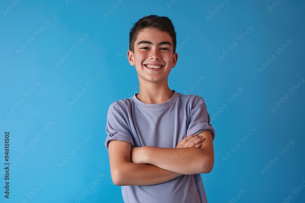 Teenage boy with happy face, smiling with crossed arms, standing over blue isolated background. Attractive, casual attire, studio portrait of young man. Teenage boy with happy face, smiling with crossed arms, standing over blue isolated background. Attractive, casual attire, studio portrait of young man.