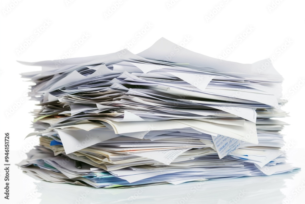 Pile of papers on white background. Stacked documents, files, folders, binders in corporate office. Business records, reports, research papers in neat, organized heap. Blue, red labels on folders add Pile of papers on white background. Stacked documents, files, folders, binders in corporate office. Business records, reports, research papers in neat, organized heap. Blue, red labels on folders add
