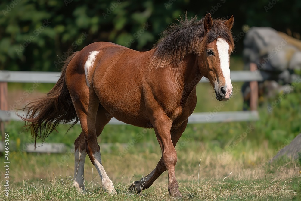 Obraz premium Brown chestnut horse with white blaze on face is mid-stride, moving right. Hooves firmly planted on lush green grass. Wooden fence backdrop with solitary tree in background.