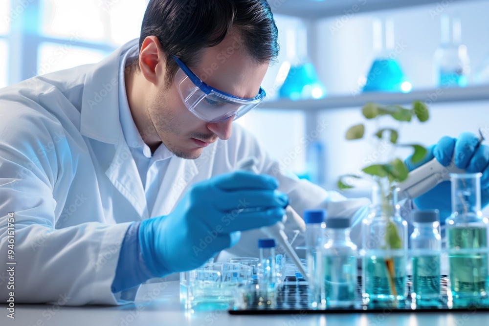 Biotechnology scientist works in lab with test tubes, flasks, glassware. Scientist wears glasses, lab coat. Microbiology, biochemistry, chemistry experiment equipment. Laboratory setting for medical Biotechnology scientist works in lab with test tubes, flasks, glassware. Scientist wears glasses, lab coat. Microbiology, biochemistry, chemistry experiment equipment. Laboratory setting for medical
