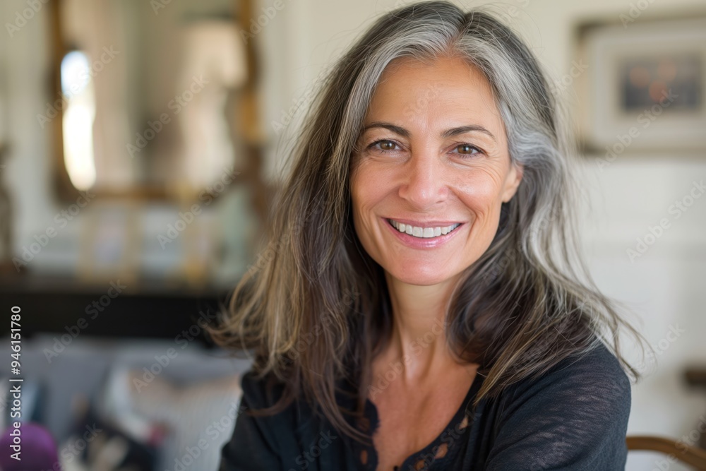 Middle-aged woman smiles at home in casual attire. She has a cheerful expression, looking confident and happy. The background is a living room with a window, showcasing a relaxed atmosphere. Middle-aged woman smiles at home in casual attire. She has a cheerful expression, looking confident and happy. The background is a living room with a window, showcasing a relaxed atmosphere.