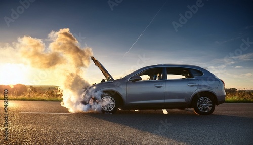 A broken car smoking out of the engine standing on the road 