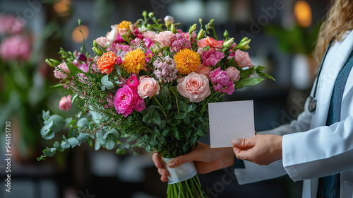 A doctor receiving a bouquet of flowers and a thank-you card from a grateful patient, acknowledging their hard work on International Doctor's Day