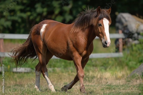 Brown chestnut horse with white blaze on face is mid-stride, moving right. Hooves firmly planted on lush green grass. Wooden fence backdrop with solitary tree in background.