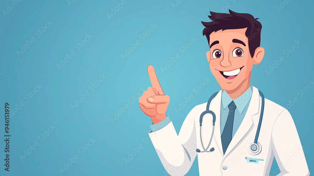 A cheerful medical professional in a lab coat smiles and gestures with a raised finger against a light blue background A cheerful medical professional in a lab coat smiles and gestures with a raised finger against a light blue background