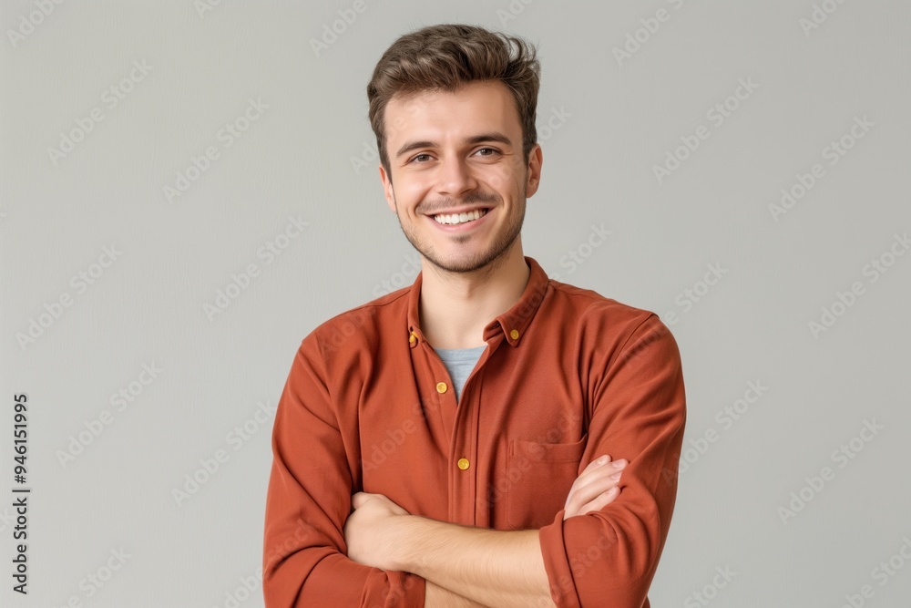 Happy caucasian man with casual clothes, crossed arms, big smile. Looks confident, cheerful, photogenic. Facial expression friendly, natural, joyful. Positive person, full of energy, happiness.