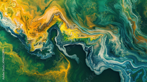 Aerial view of a colorful algae bloom in a lake, with swirling patterns of green, yellow, and blue spreading across the water surface, creating a vibrant natural abstraction photo