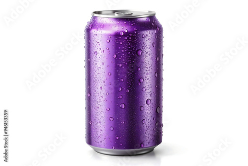 purple can of soda with water splashing on it
