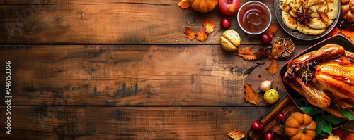 Roasted whole chicken rice pumpkin corn honey nuts vegetable salads over wooden background Top view copy space Autumn harvest organic vegetables Autumn family dinner Food concept. Creative Banner