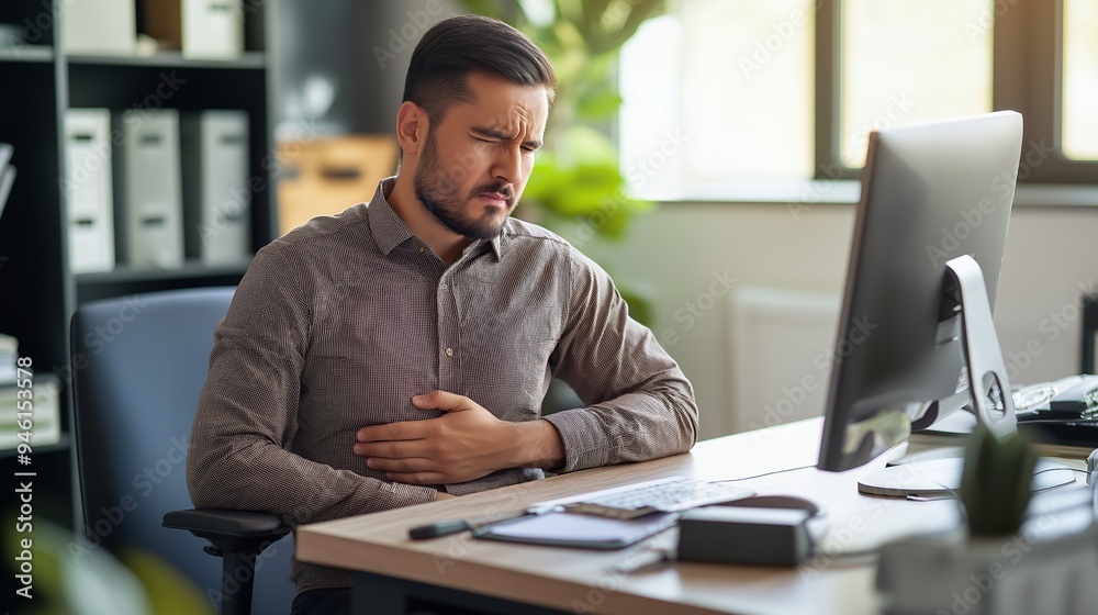 Fototapeta premium A man in an office looks distressed, holding his stomach, indicating discomfort or pain.