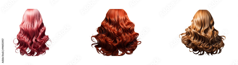 Set, Collection of Fashion Long Wig isolated on transparent background.