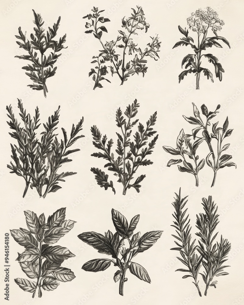 Engraved illustration of various herbs for culinary use from historical botanical studies Engraved illustration of various herbs for culinary use from historical botanical studies