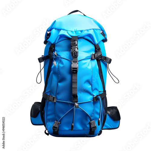 Vibrant blue hiking backpack with multiple compartments, sturdy straps, and ample storage, ideal for outdoor adventures and travel. photo