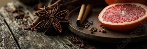 A bowl of spices and a slice of orange on a wooden surface. photo