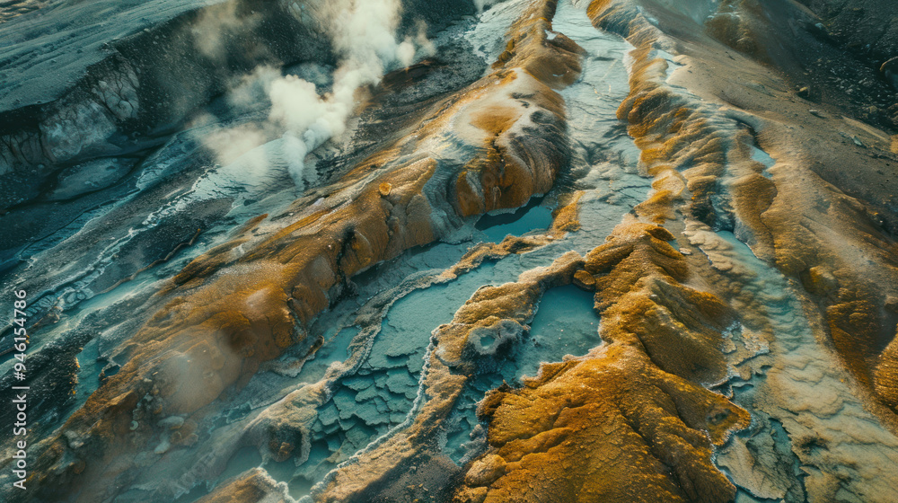 Aerial shot of a series of colorful geothermal terraces cascading down a hillside, with steaming hot water flowing over the mineral-rich, patterned surface Aerial shot of a series of colorful geothermal terraces cascading down a hillside, with steaming hot water flowing over the mineral-rich, patterned surface