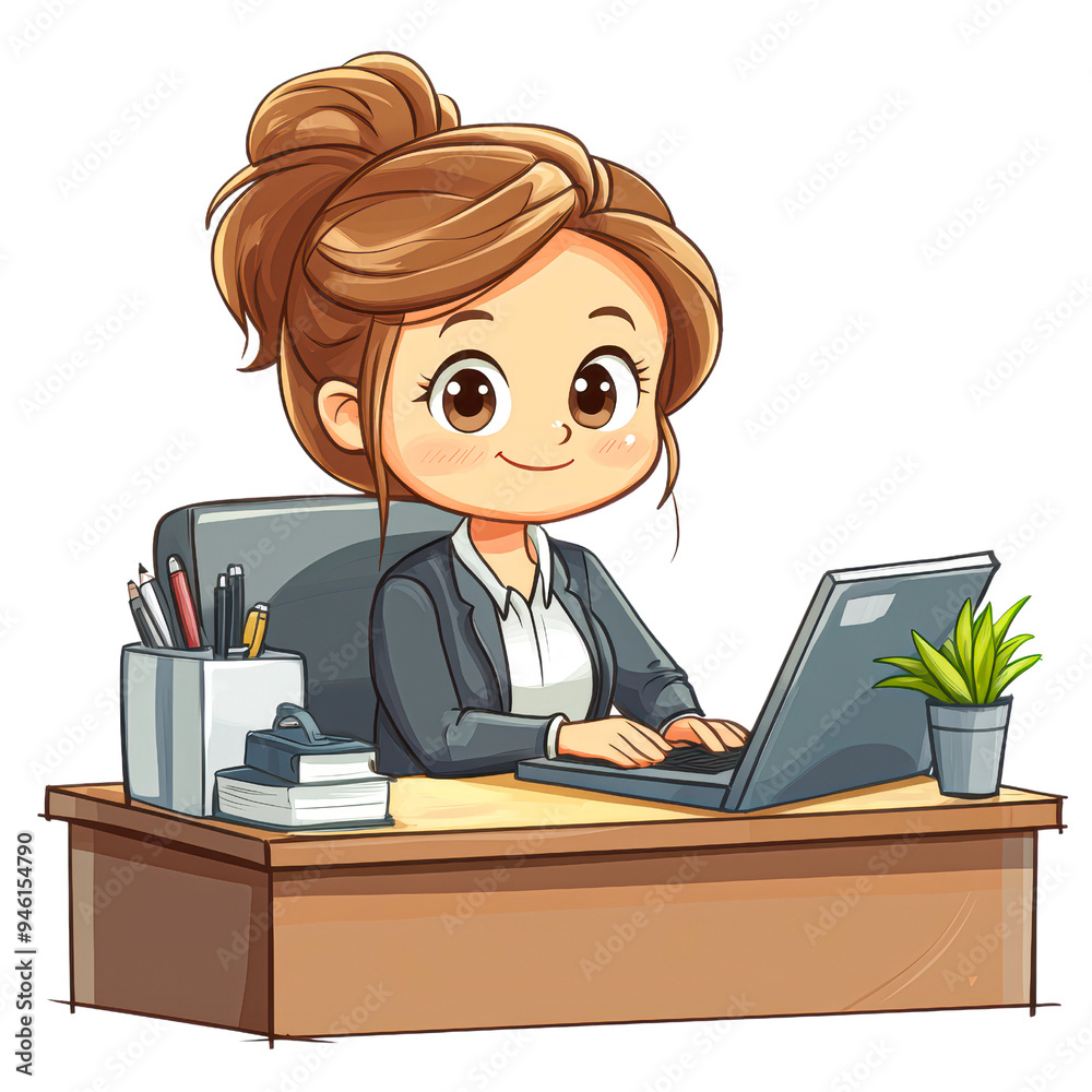 A cute cartoon businesswoman is sitting at her desk working on a laptop isolated on transparency PNG background, ideal for depicting professionalism, office environments, or business-related content, A cute cartoon businesswoman is sitting at her desk working on a laptop isolated on transparency PNG background, ideal for depicting professionalism, office environments, or business-related content,
