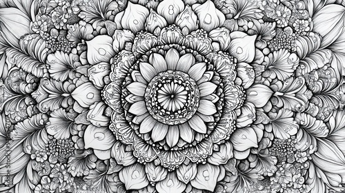 94. A meditation design featuring a large, intricate mandala with multiple layers of floral and geometric patterns, all drawn in fine black and white line art for a soothing visual effect