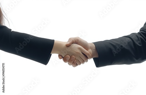 Two people in dark business suits shaking hands, isolated on white background.