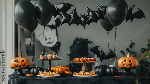 27 Fun indoor party Halloween decorations hanging bats ghost balloons spooky snack table