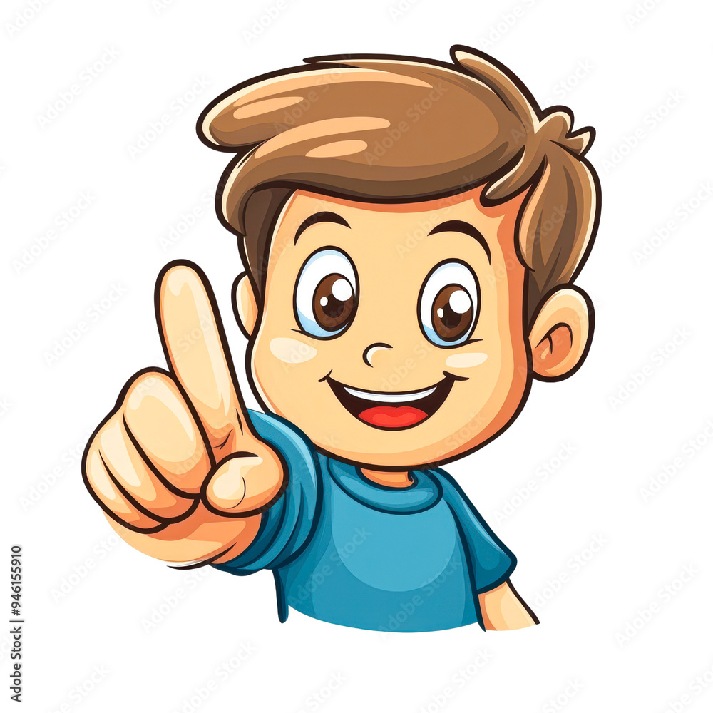 A happy cartoon boy with brown hair isolated on transparency PNG background, wearing a blue shirt, is pointing forward with a cheerful expression—ideal for educational materials, children's content A happy cartoon boy with brown hair isolated on transparency PNG background, wearing a blue shirt, is pointing forward with a cheerful expression—ideal for educational materials, children's content