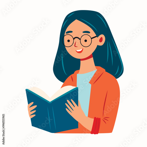 girl with glasses reading a book. School education concept