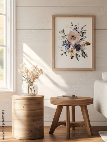 Farmhouse Inspired Living Room With Shiplap Walls Wooden Side Table and Mockup Frame Displaying Floral Artwork  Soft Window Glow Mellow Tones and 3D Render