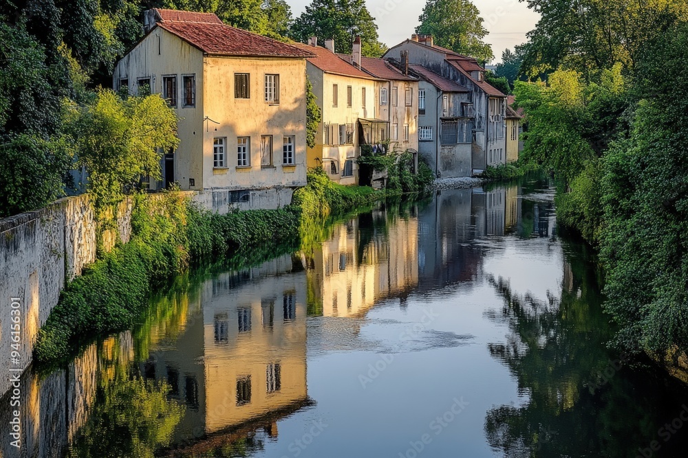 A river with a reflection of buildings on the water. A river with a reflection of buildings on the water.